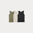Three tank tops in green, beige, and black on a white background